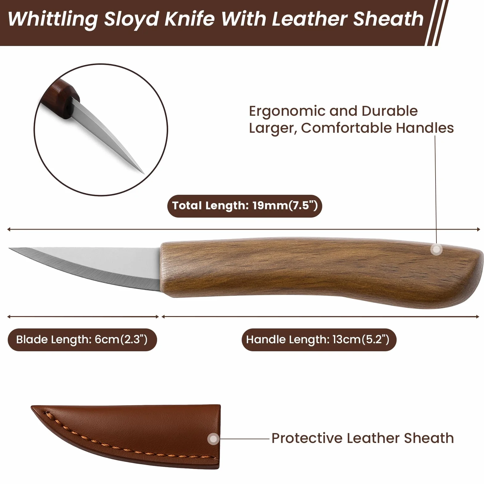 Cuchillo de tallado de madera para principiantes, cuchillo de corte con funda de cuero para adultos, profesionales y entusiastas del tallado de madera, herramientas de seguridad para