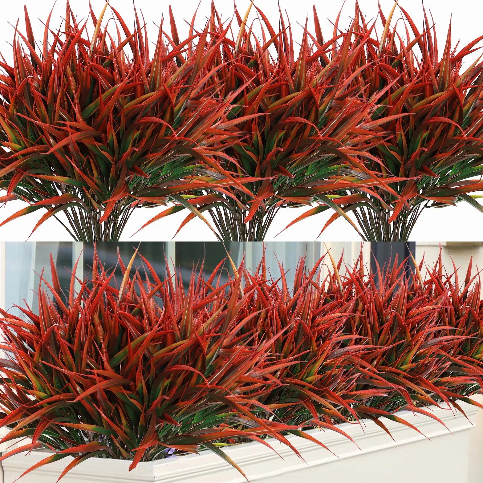 8 Pcs Plantas de Césped Artificial, Tallos de Césped Artificial para Exteriores, Arbustos de Plástico de Imitación Resistentes a los UV para Decoración de Ventanas, Patio de Jardín(Rojo)