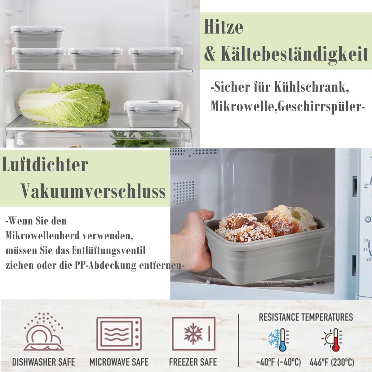 Juego de 4 Envases para Alimentos Plegables de Silicona, para Cocina, Pícnic, Senderismo, Escuela, Bento, Color Gris