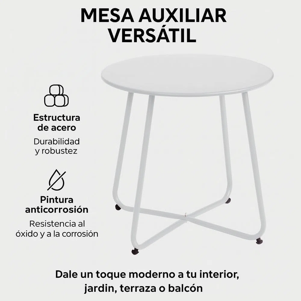MONTY Mesa Auxiliar Redonda Luna Blanco | Ø45 x 45 cm | De Acero con Recubrimiento Anti-corrosión Interiores y Exteriores | Soporta hasta 30 kg | Requiere Montaje