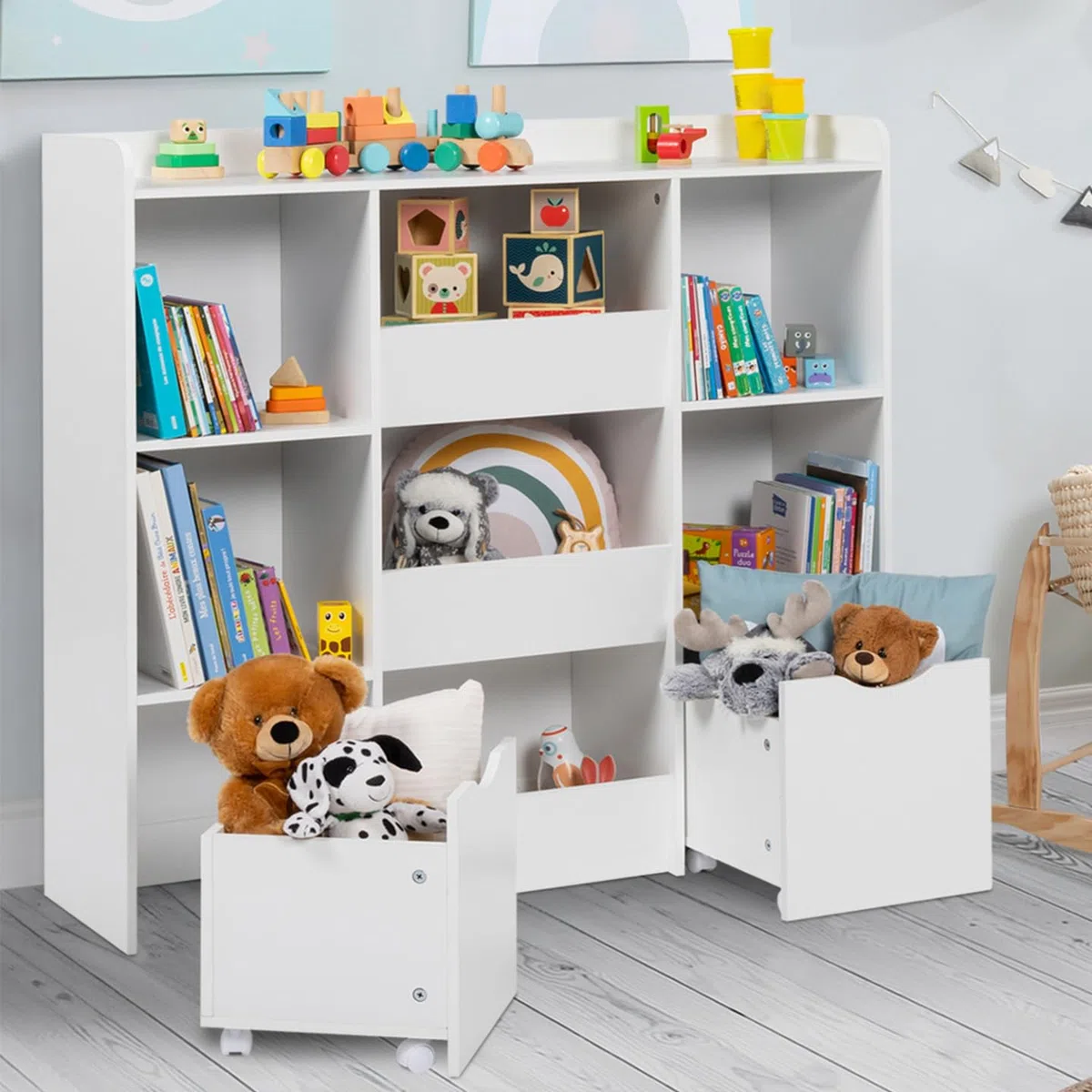 IDMarket Mana - Mueble de almacenamiento infantil con 5 estantes, 3 bandejas y 2 cubos con ruedas, color blanco
