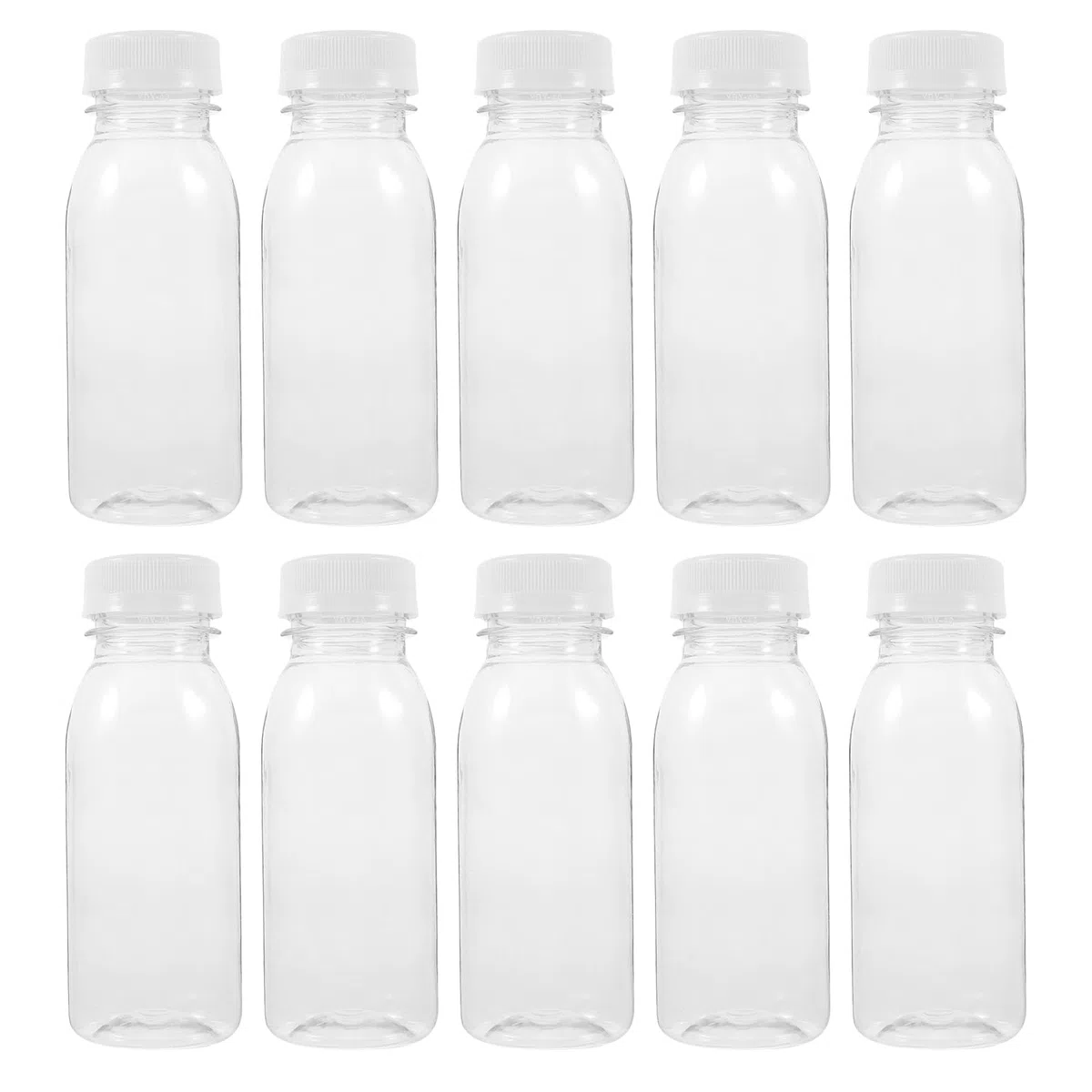 Housoutil Botellas de plástico para jugos de frutas, 200 ml, botellas de leche de plástico, 10 unidades, reutilizables vacías, contenedores transparentes para jugos, leche y otras bebidas