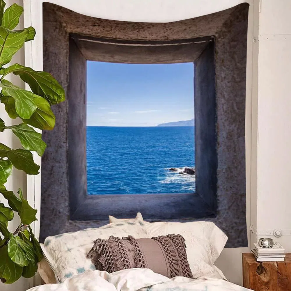 XIUYINHS Tapiz de naturaleza para ventana exterior, tapices de paisaje de playa, tapiz de pared con escenas, para decoración de oficina, dormitorio, interior y exterior, tapices de gran tamaño 1,5 m