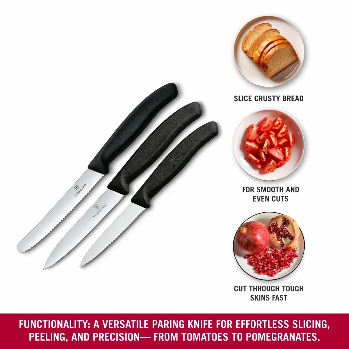 Victorinox Swiss Classic Juego de cuchillos de cocina, 3 piezas, cuchillo para pelar, cuchillo para tomates y cuchillo para desayunos, Mango robusto de plástico, Acero inoxidable, Negro