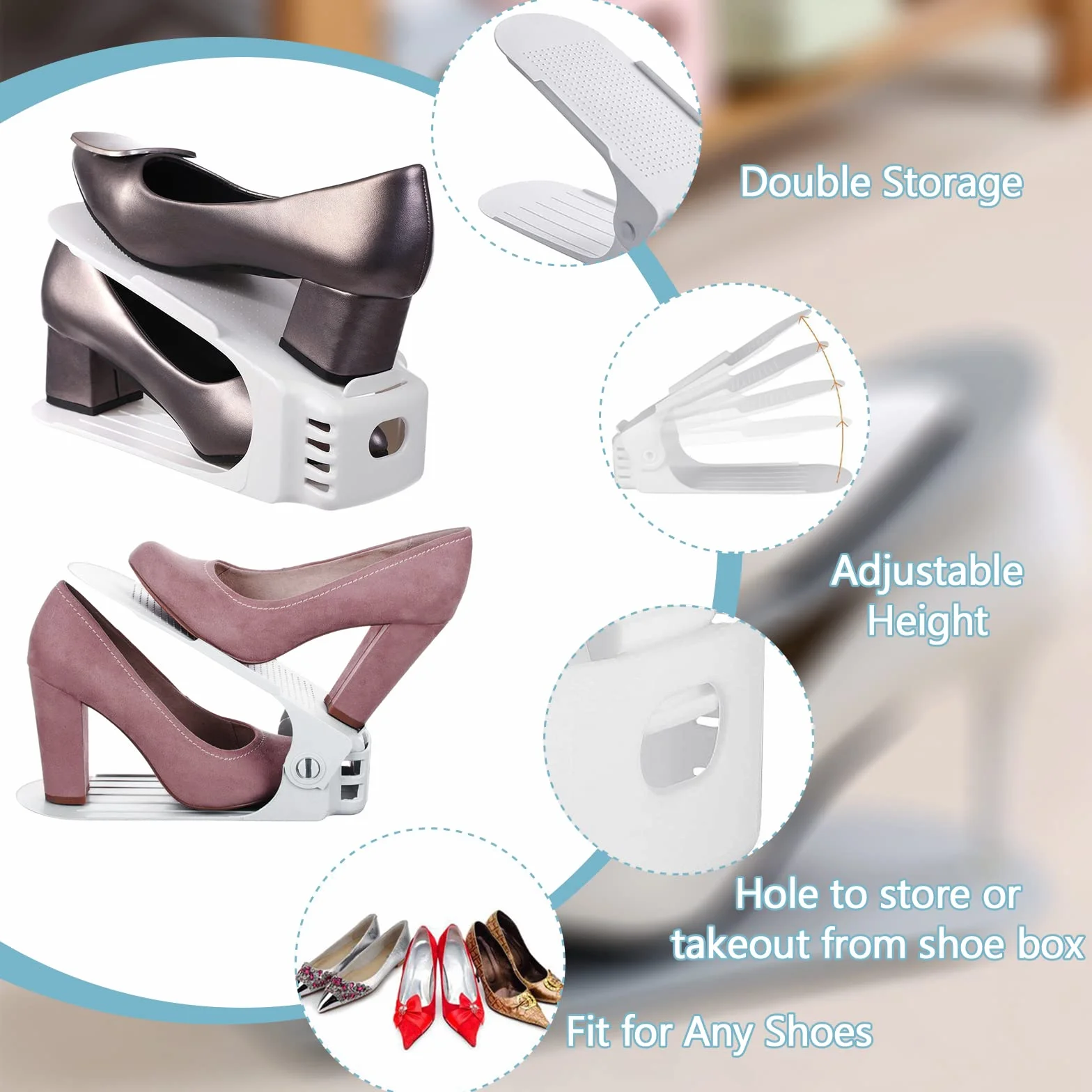 Organizadores de Zapatos 10Pcs Soporte de Calzado de Altura Ajustable Zapatos Antideslizante de Polipropileno，Zapatos Ahorra Espacio（Blanco）