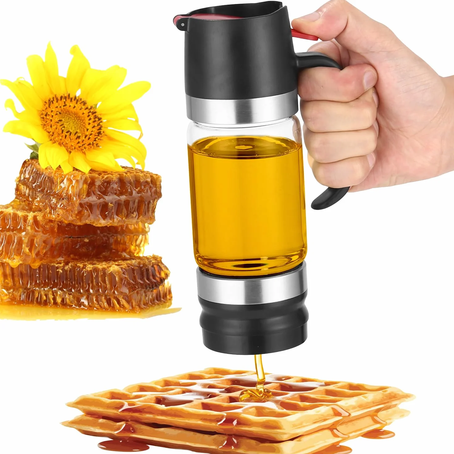 Tarro de miel antigoteo con mango, dispensador de cristal a prueba de goteo, soporte para dispensador de jarabe de vidrio para café o té, ideal