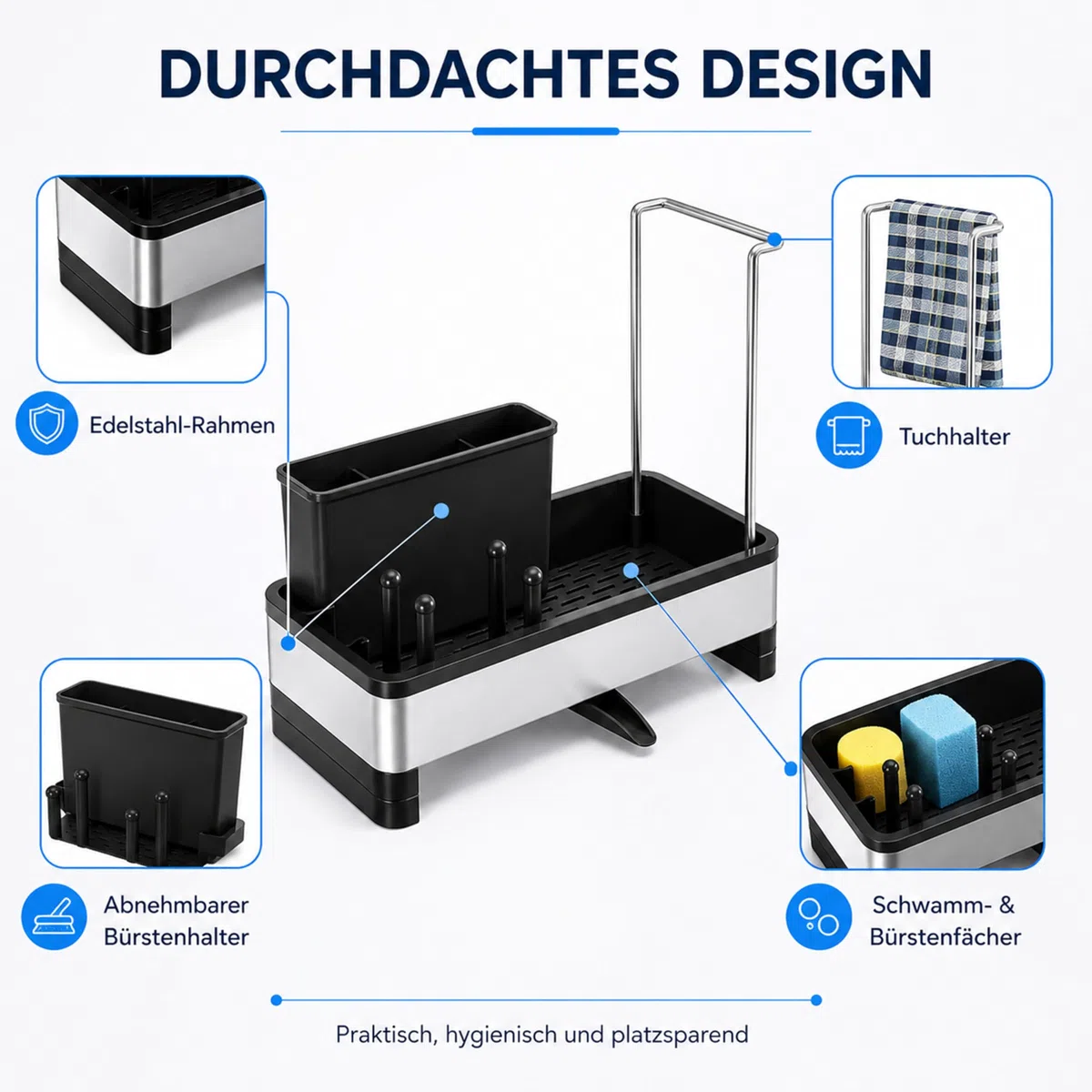 URMONA Organizador de Fregadero en Acero Inoxidable con Bandeja de Drenaje Automático, Porta Esponjas y Cepillos, Soporte para Utensilios de Limpieza (Gris)