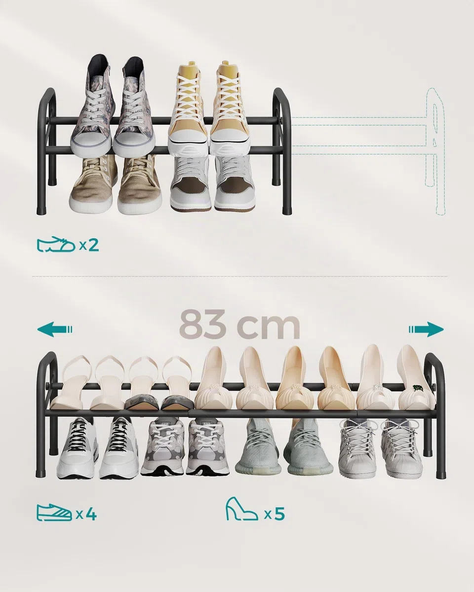 SONGMICS Zapatero Expandible, Estante de Almacenamiento de Zapatos de 1 Nivel de Metal, Organizador de Zapatos Ajustable, Zapatero Independiente para Pasillo, Clóset, Entrada, Fácil Montaje, Negro