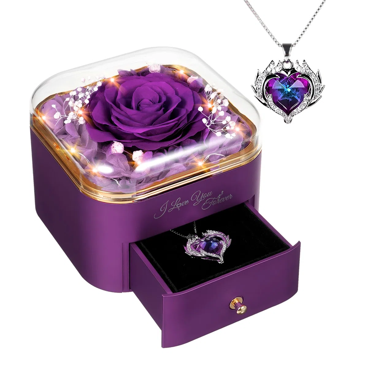 GOICC Rosa Eterna Natural con Collar Día de Madre Caja de Regalo Original para Mamá Abuela Mujer Real Rosa Preservada para Esposa Novia para San Valentín Aniversario Cumpleaños Navidad