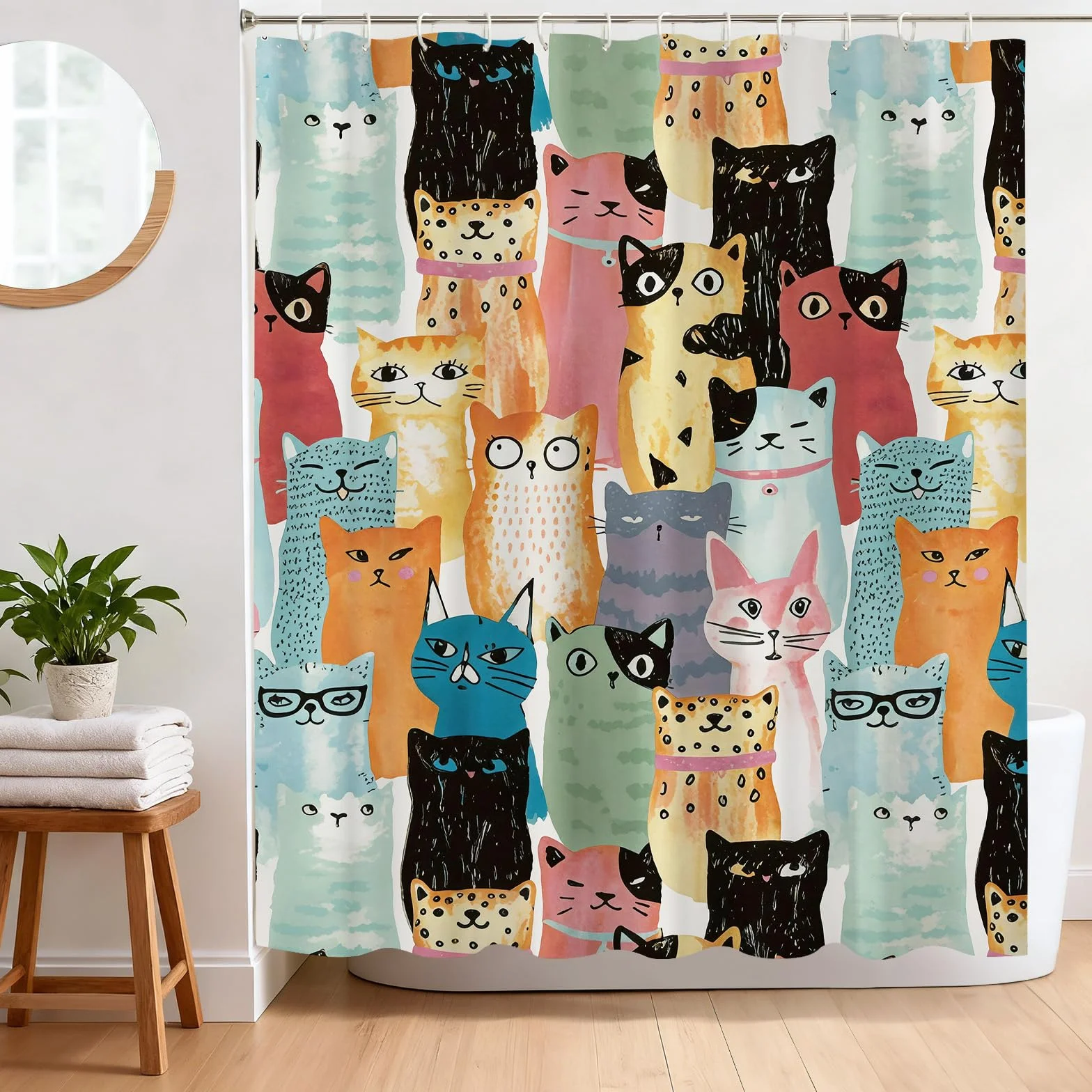 Cortina de Ducha Gato 180 x 180 cm Divertido Lindo Gato Cortina Ducha Antimoho Cortina Baño de Tela de Poliéster Impermeable con 12 Ganchos