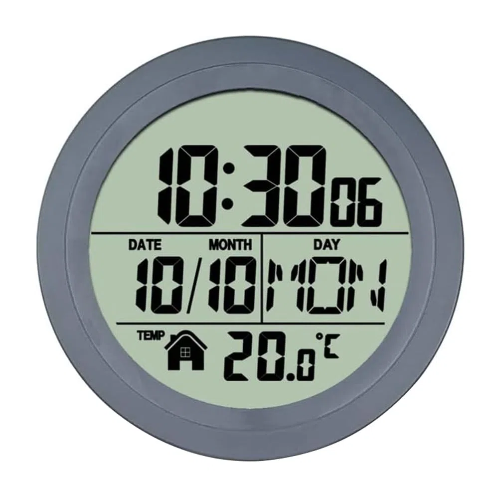1 reloj con ventosa para el hogar, resistente al agua, para baño, cocina, pantalla digital LCD, detector de temperatura, color gris