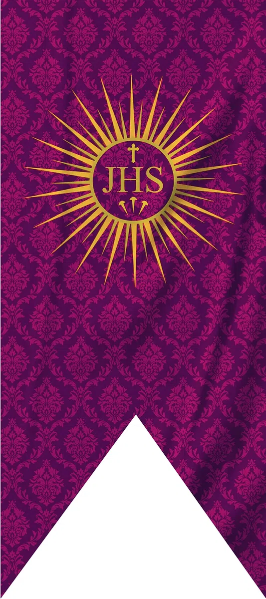 Porras E&B Balconera Colgadura Gallardete JHS Corona Semana Santa Religiosa en Tela con lazos 150x70 cm Damasco Rojo a 1 Cara