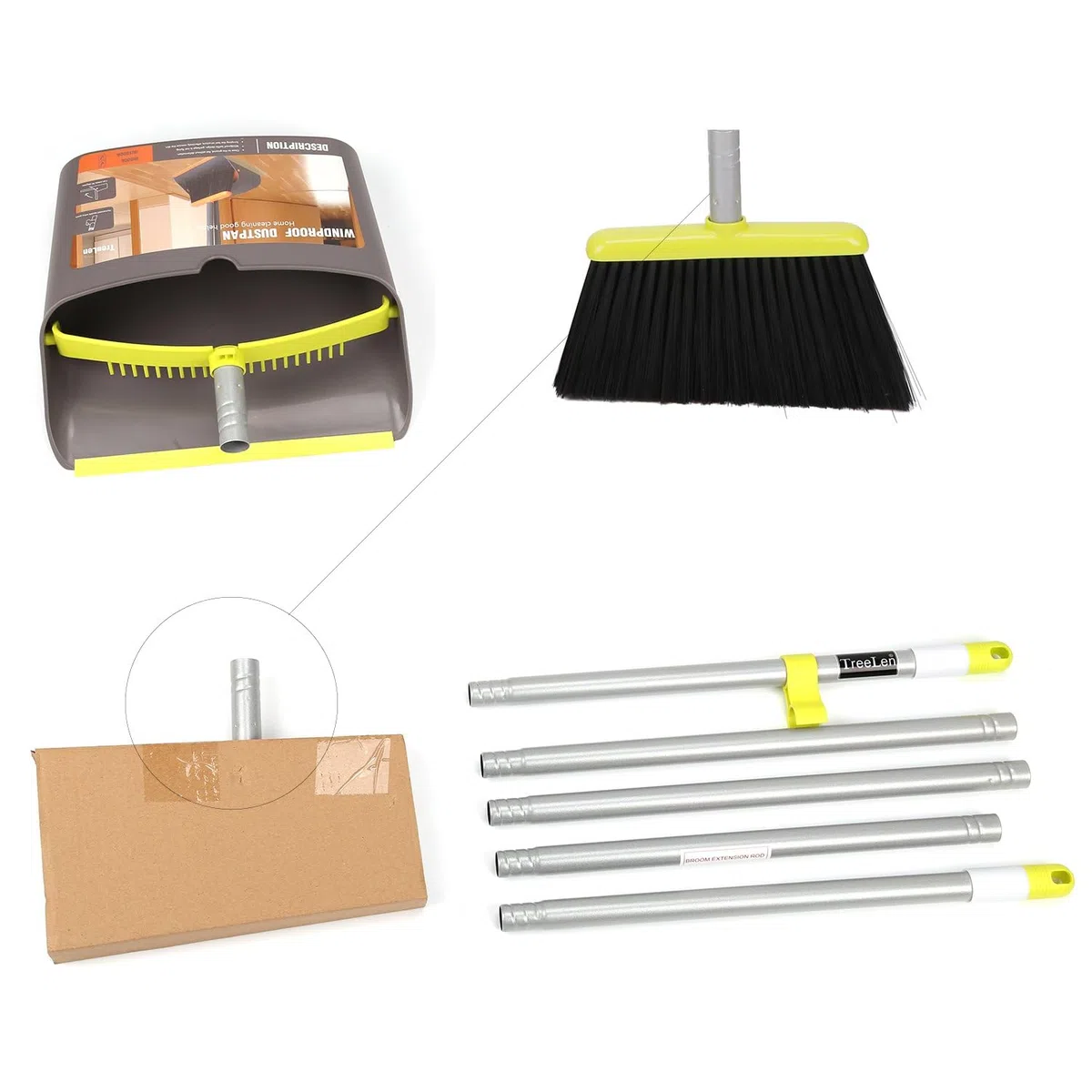 TreeLen Escoba y Recogedor, Set de Broom y Dustpan con Mango Largo, para Oficina y Hogar, con Bloqueo de Recogedor y Cerdas de Goma, Verde/Gris
