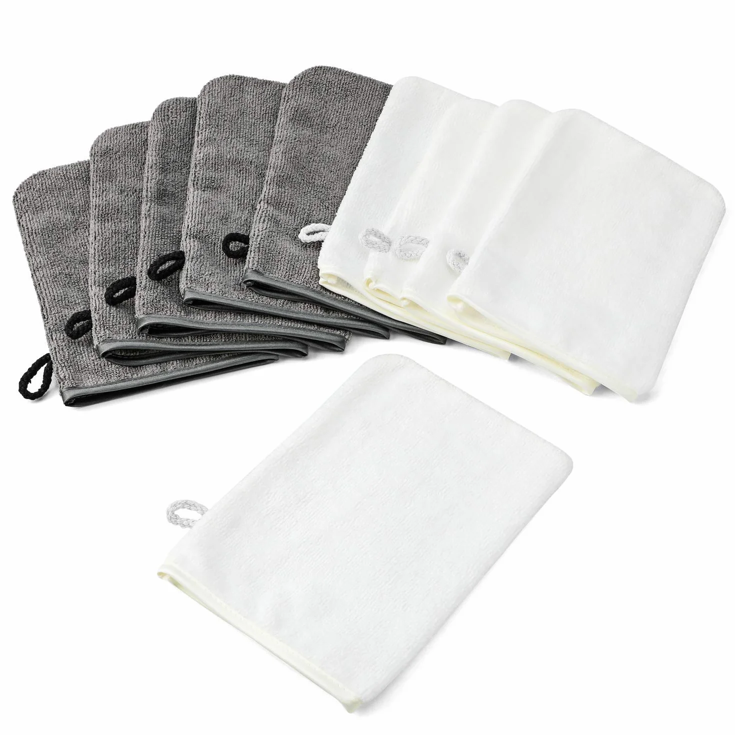 PHOGARY Paquete de 10 Piezas de Manoplas de baño Guantes para lavarse tamaño 15x21 cm con Cordón, Microfibra Premium de Color Gris Antracita y Blanco