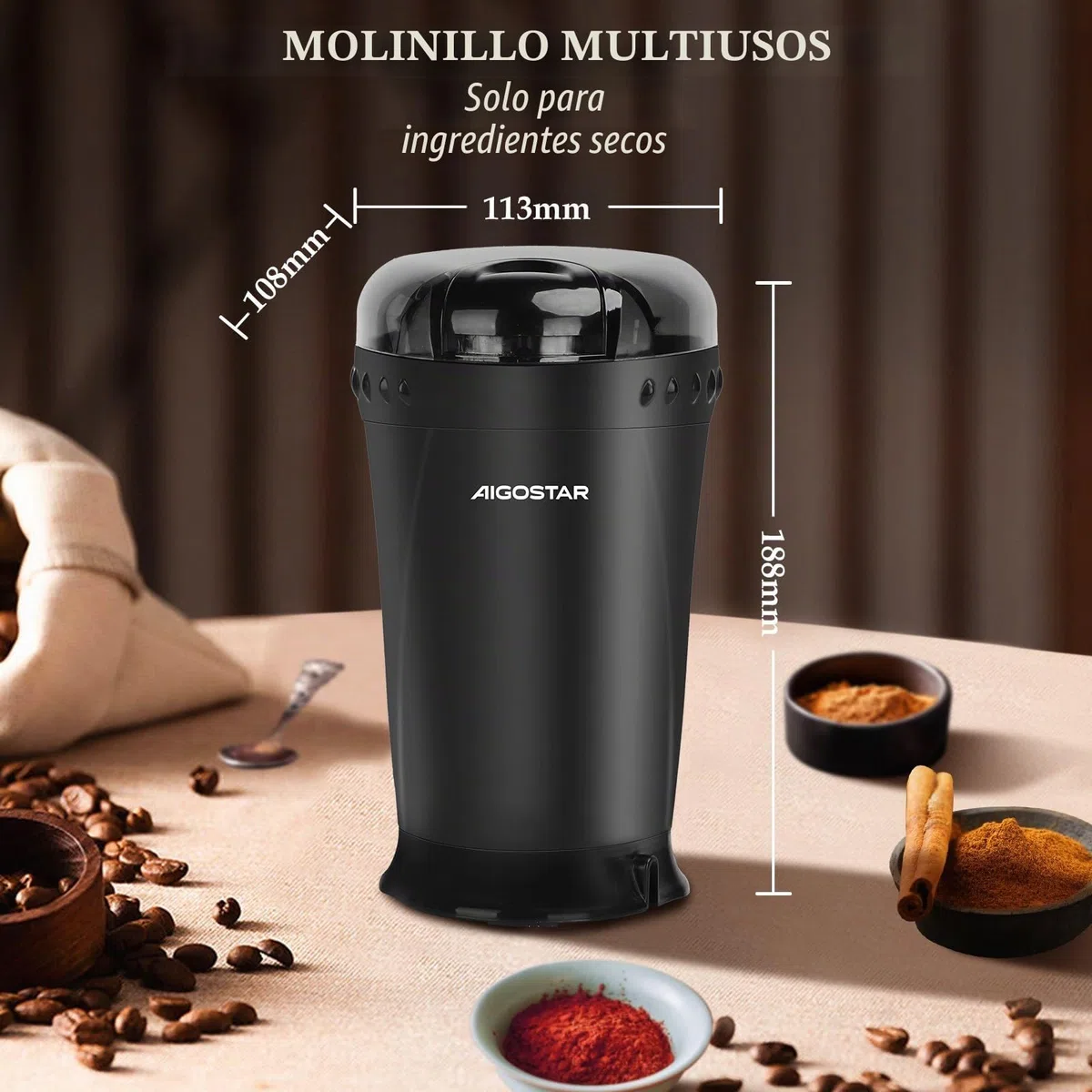 Aigostar Molinillo Cafe Electrico con Cuchillas Acero Inoxidable - 60g 200W Molinillo de Cafe, Cepillo de Limpieza Incluido, Libre de BPA, Para Moler Granos de Café, Especias & Semillas