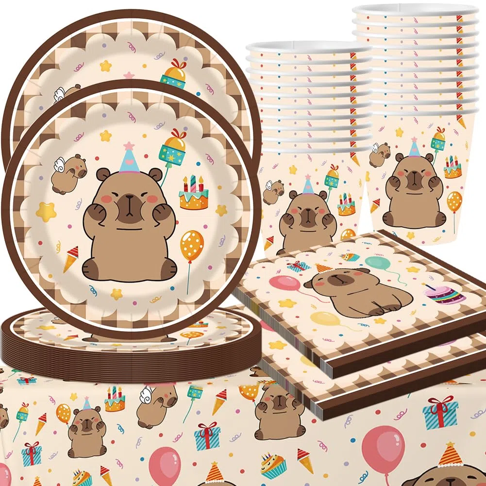 61 Pcs Juego de Vajilla para Fiesta Capybara, Dibujos Animados Vajilla Fiesta, Con Juego de Papel Platos, Manteles Accesorios de Vajilla para Fiestas Infantiles para 20 personas (A)