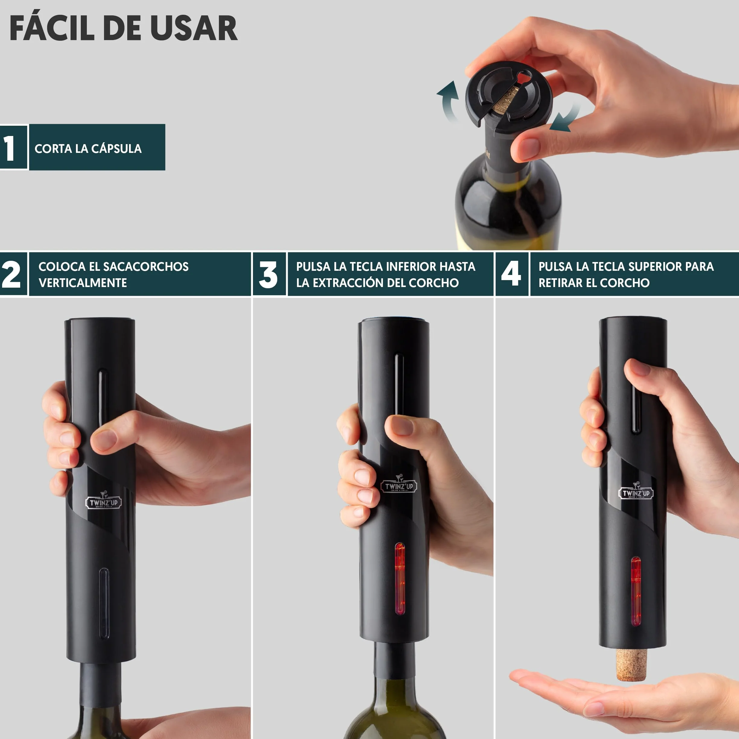 Sacacorchos Eléctrico Recargable 6 en 1 con corta cápsula, Boquilla Aireador, Bomba de Vacío, Tapón y Cable USB del Abridor de Vino Electrico - Regalo hombre para amantes del vino