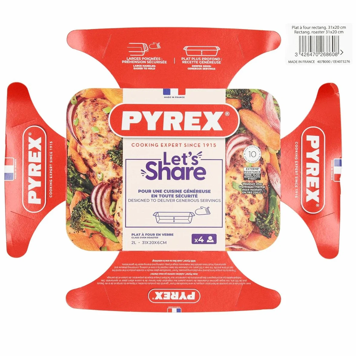 PYREX - Irresistible - Plato Rectangular de Vidrio para Hornear, Transparente, 31 x 20 cm