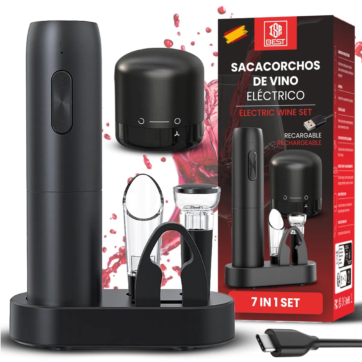 Sacacorchos Eléctrico Profesional 7 en 1 |Set de Vino Premium | Abridor de Vino Automático con Aireador + Vertedor + 2 Tapones Vacío | Regalos para Hombres | USB Recargable (Versión 2025)
