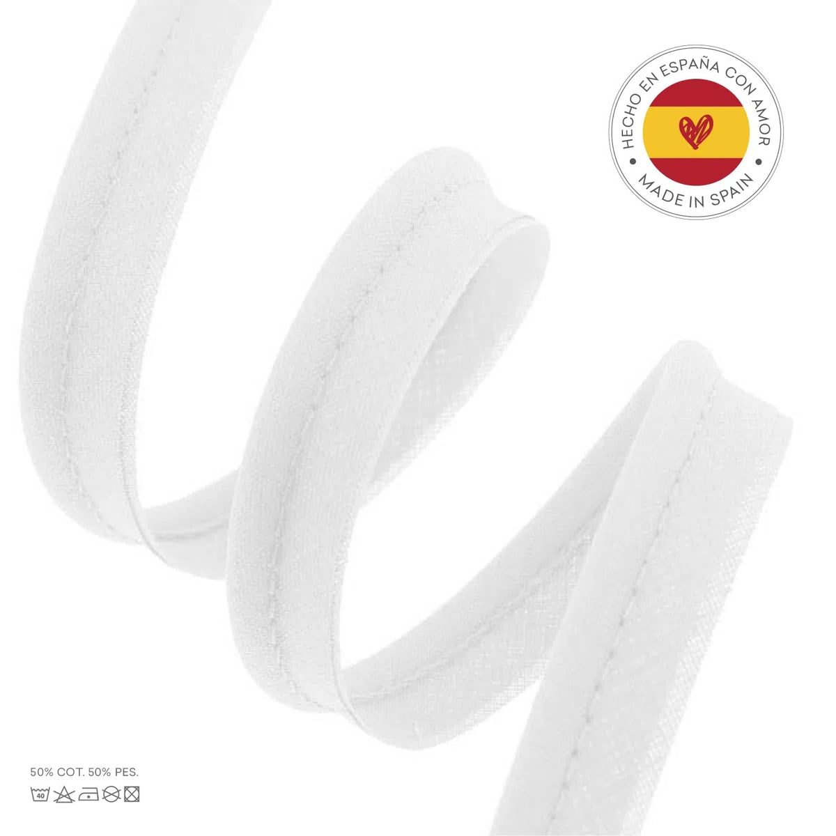TEXTEX = Vivo al Bies para Proyectos de Costura, Decoración y Manualidades. Composición 50% Algodón y 50% Poliéster. Ancho Total 15mm, Cordón 5mm y Solapa 10mm. Carrete 10 Metros - (Blanco)
