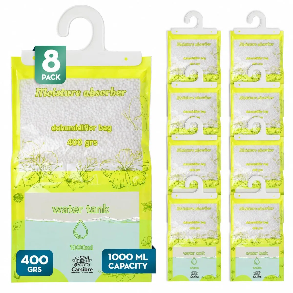 Bolsas Antihumedad Armarios 400g con Depósito 1L – Pack 8 (3,2 kg) – Deshumidificador Colgante Antimoho – Absorbe Humedad hasta 4 Meses – Sin Fragancia – Baños y Trasteros