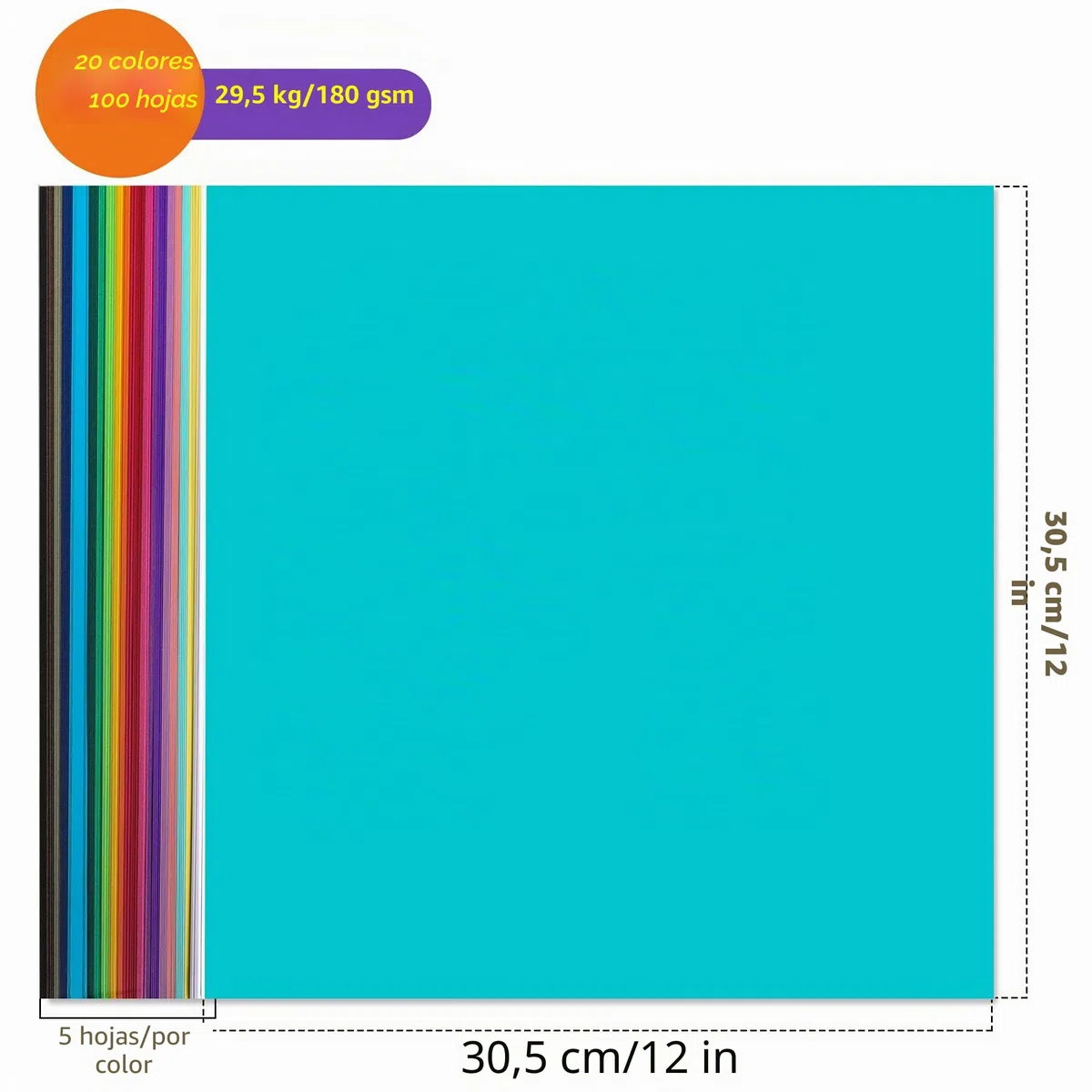 Cartulina de colores de 12" x 12" - 100 hojas de papel para tarjetas, 20 colores, 180 g/m², 65 lb, 30,5 × 30,5 cm, para hacer tarjetas, arte y manualidades, UAP10