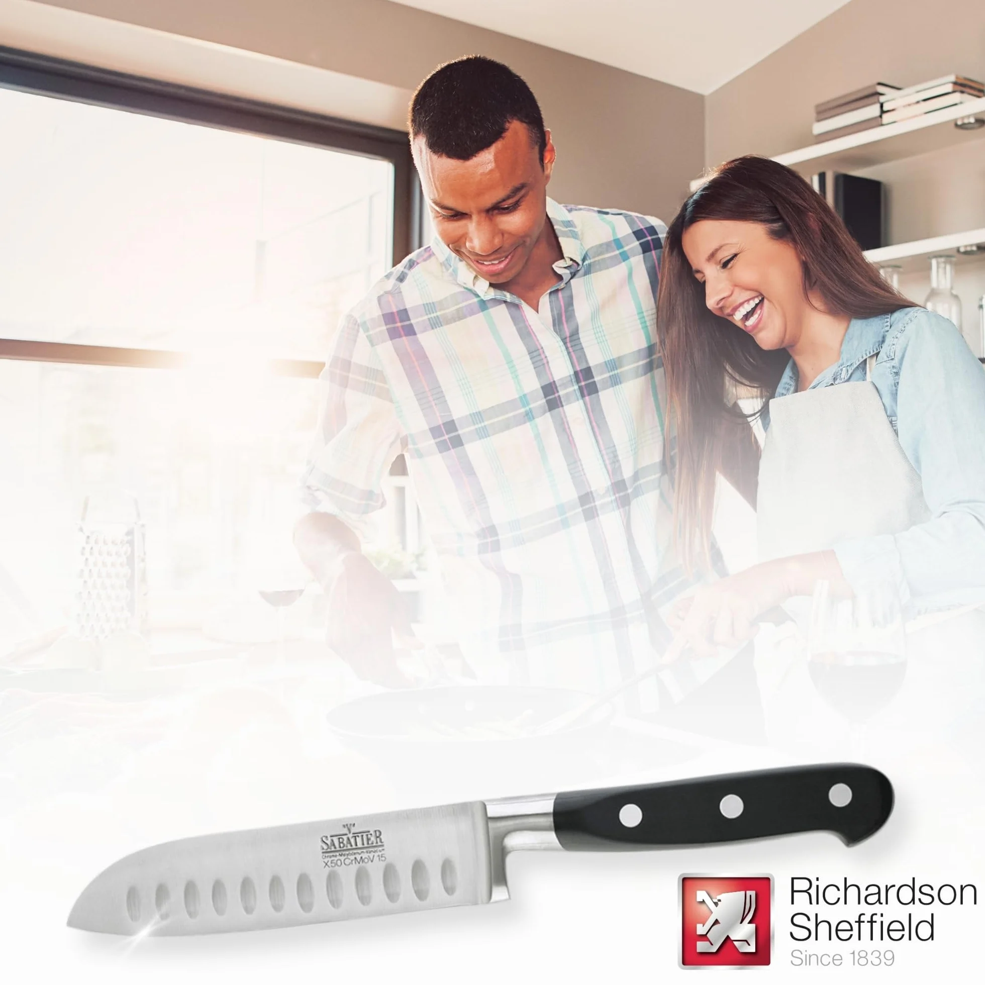 RICHARDSON SHEFFIELD Cuchillo Santoku de Acero Inoxidable de Grado más Fino V Sabatier, Acero Inoxidable, Negro, 12,5 cm