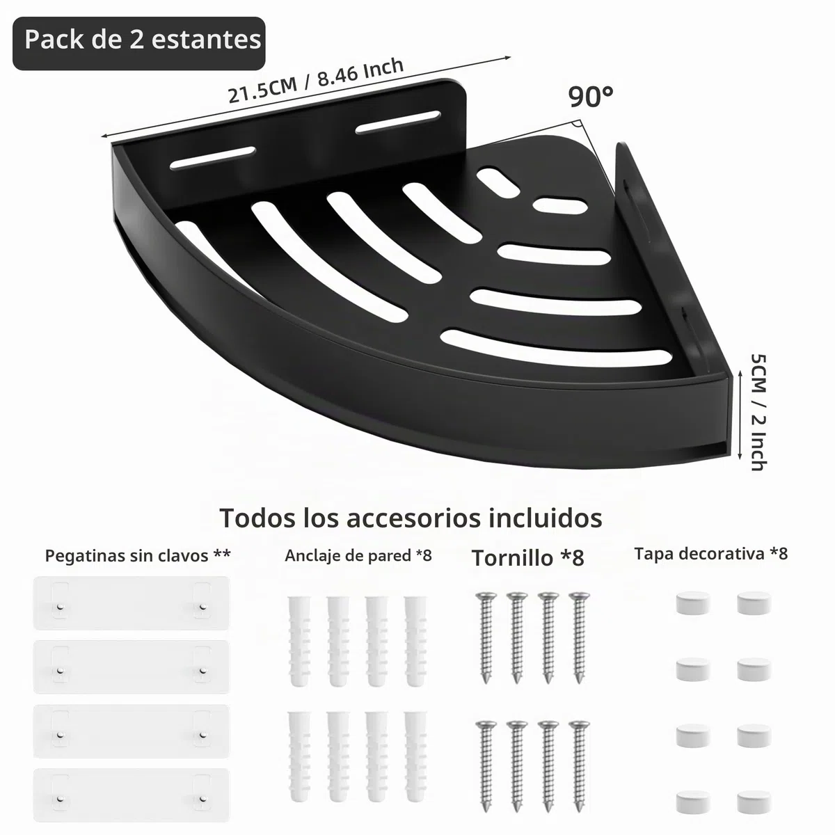 Wisfame Estanteria Ducha de Esquina Negro, Estante Ducha Antióxido Sin Taladro Repisa Baño Adhesiva de Pared para Champú, Pack de 2, Soporta 8 kg por Nivel