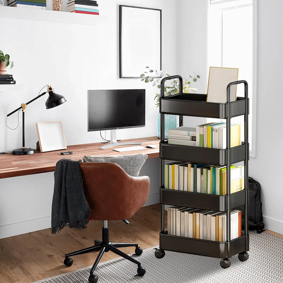 Genérico Rolling Cart Organizer - 3 Tier Utility Storage Trolley with Handle, Wheels | Multifunctional Metal Shelf | Mobile Basket Rack For Kitchen, Bathroom, Living Room, Office, Classroom Use