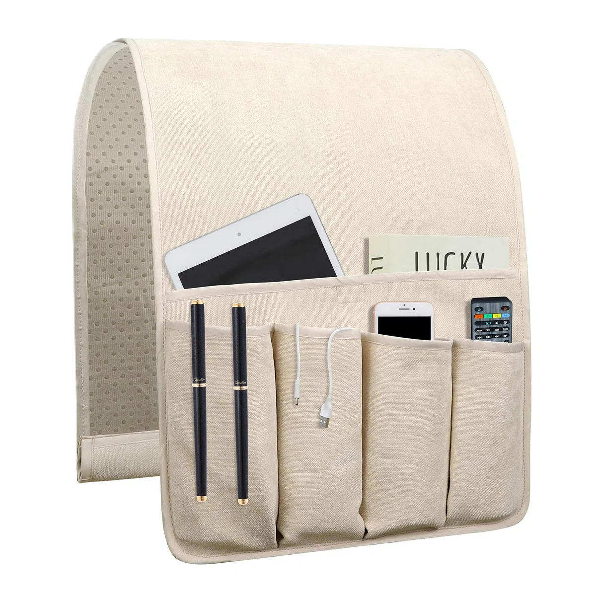 N\B NB NB Organizador para reposabrazos de sofá, organizador de mesita de noche con 5 bolsillos, soporte antideslizante para control remoto de sofá, accesorios para sillón (35 x 12.4 pulgadas, beige)
