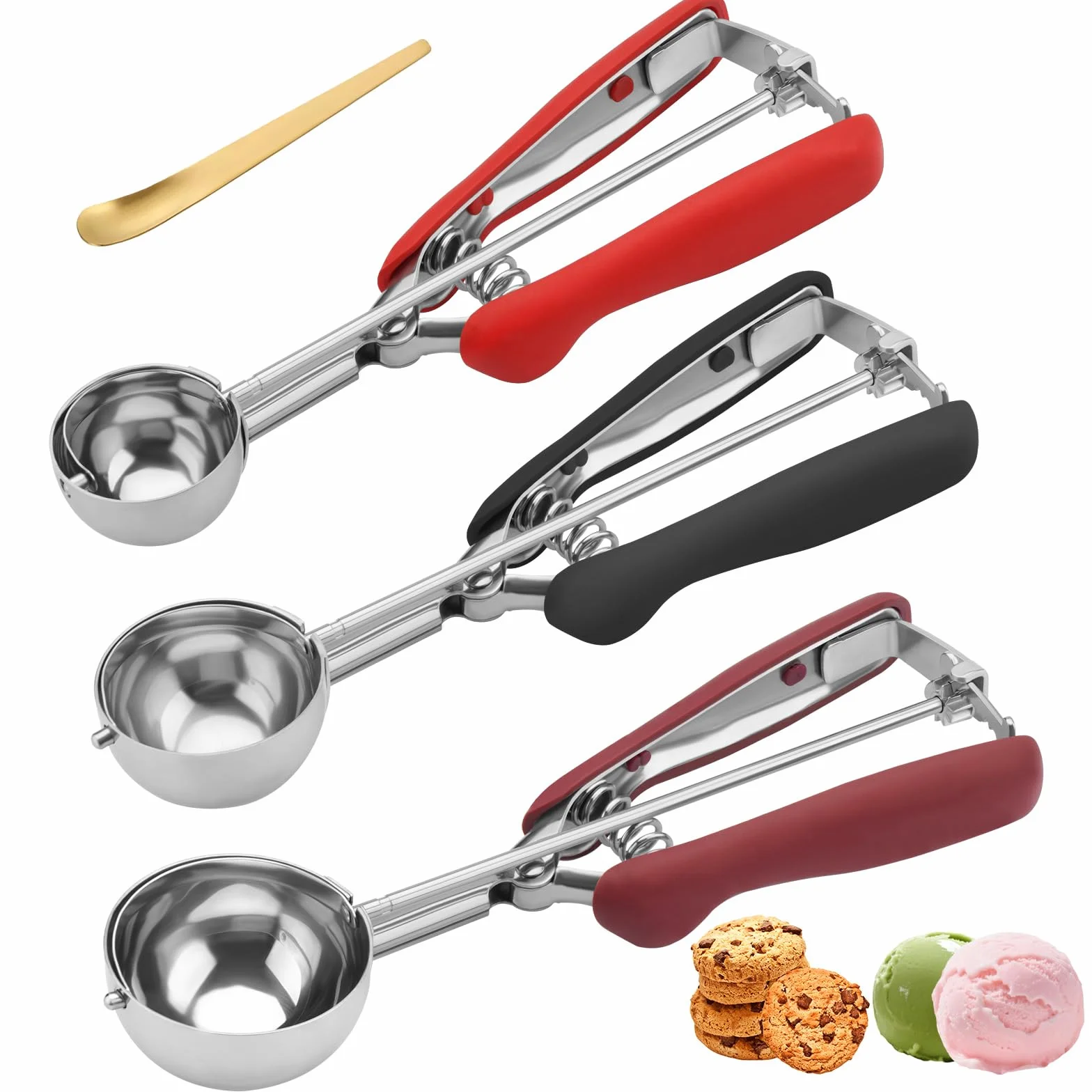 Juego de 3 cucharas de galletas para hornear, cuchara de helado de acero inoxidable 18/8, 1 cucharada/2 cucharadas/3 cucharadas, cuchara de masa de galletas, agarre antideslizante rojo/negro/burdeos