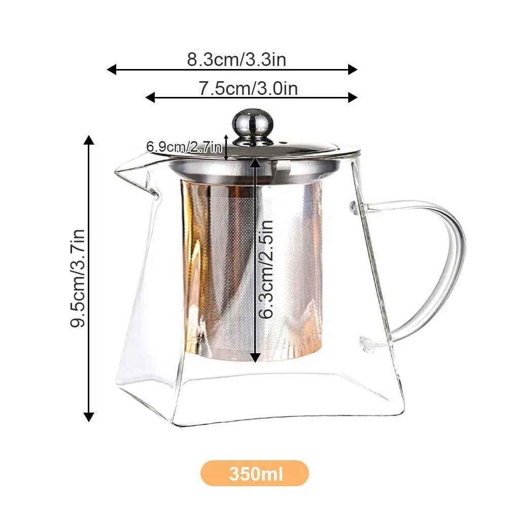 Tetera de Cristal, 350ml Tetera con Infusor de Té Suelto de Acero Inoxidable Extraíble, Tetera de Vidrio Transparente para Bebidas Frías y Calientes, Té de Frutas, Bolsitas de Té Perfumadas