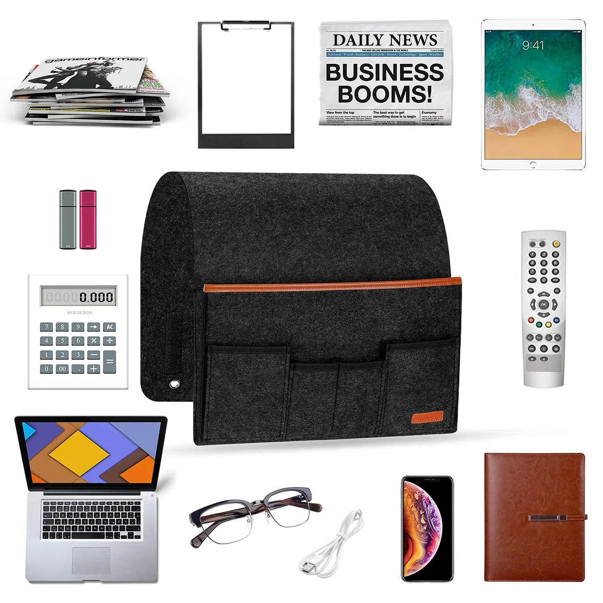 SIMBOOM Organizador de Sofá Silla, Soporte para Controles remotos, Bolsa de Almacenamiento para Reposabrazos Antideslizante con 5 Bolsillos, para Revistas Teléfono, Libros, Gafas(Negro)