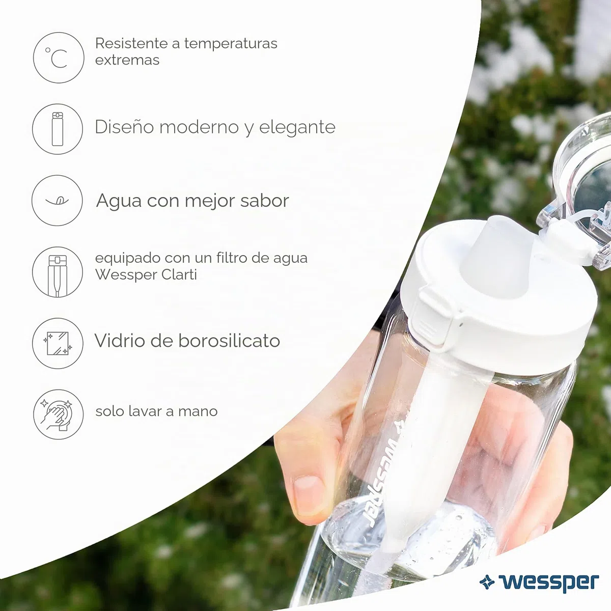 Wessper botella de vidrio, con tapón, sin BPA con filtro, deportiva de vidrio 680 ml, botella con filtro para exterior - transparente