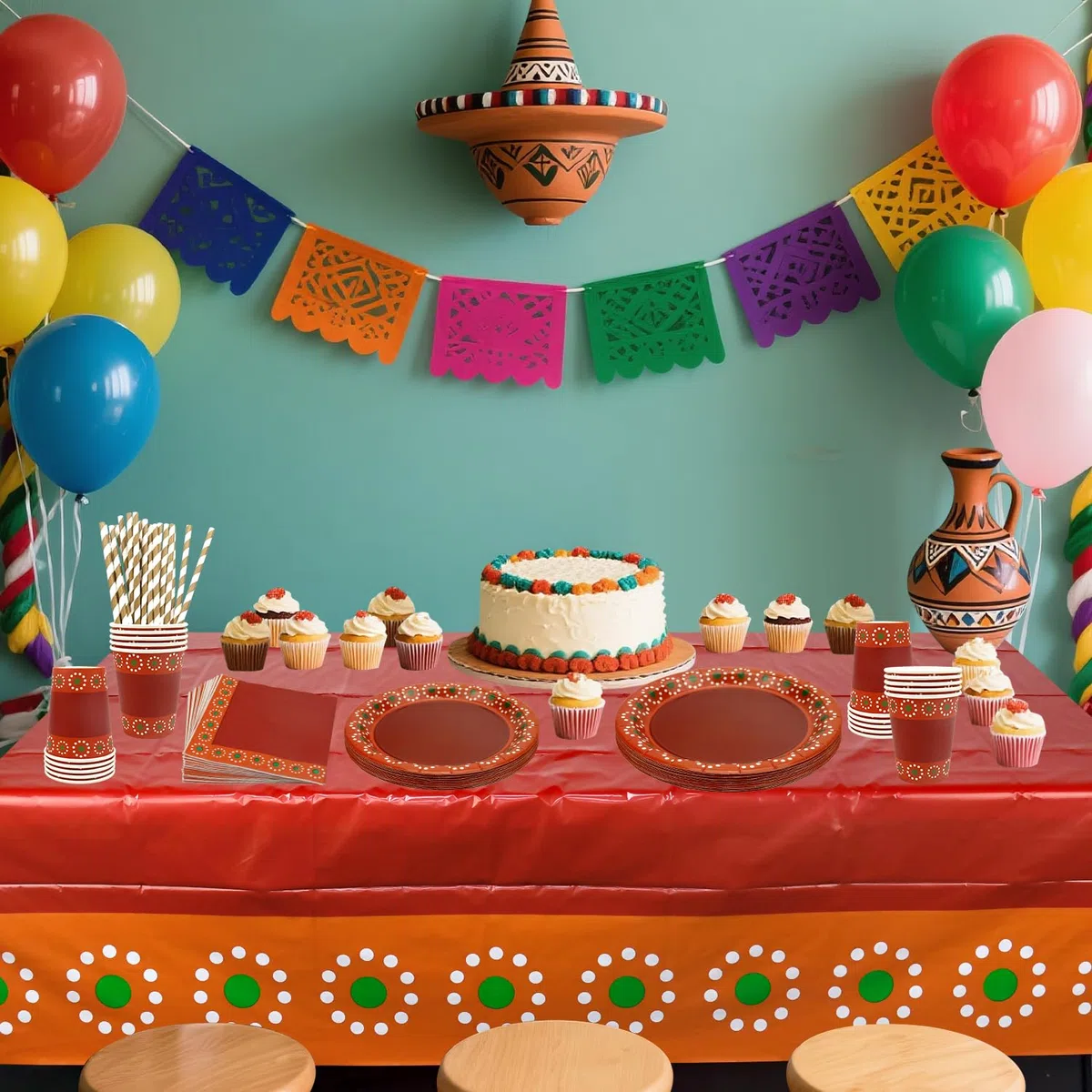 De Barro Mexicanos Decoración de Fiesta – Cielito Lindo – Artículos decorativos para fiestas – Incluye platos, vasos, servilletas, manteles, 20 personas