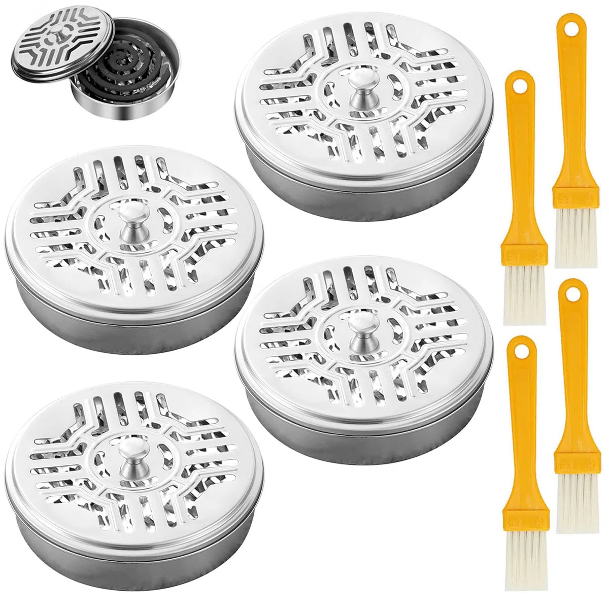 Mosquito portabobinas, 4 piezas de acero inoxidable en espiral para mosquitos, contenedor portátil con 4 cepillos, soporte para bobinas de mosquitos, espirales para mosquitos, soporte para bobinas de