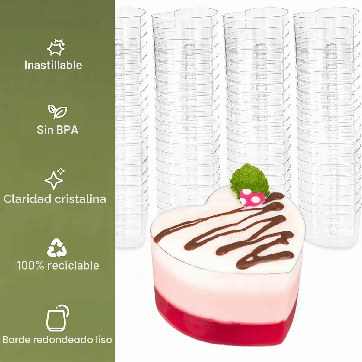 LATERN 50 Piezas Vasos de Postre de Plástico, 150ml Tazas de Postre en Forma de Corazón Copa de Aperitivo Transparente Parfait Tazón para Servir Reutilizable para Fiesta de Mousse Pudín (7,3 x 6cm)