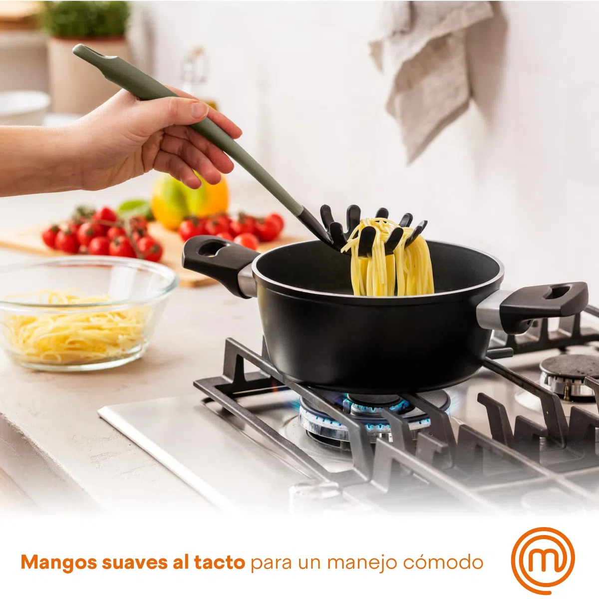 Masterchef Utensilios de Cocina con Cucharas, Espatula, Cazo para Sopa, Espumadera y Cucharon, Resistentes al Calor, Set Menaje, Accesorios Antiadherente, Gris