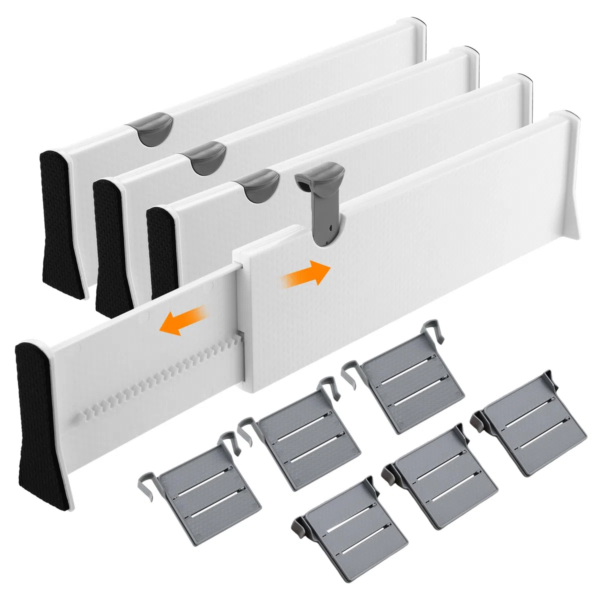 ZHYLUO Juego de 4 Separadores de Cajones, largo 38-54 cm, alto 10.5 cm, Divisores de Cajones Ajustables, adecuados para tocador, escritorio, armario, cocina (blanco)