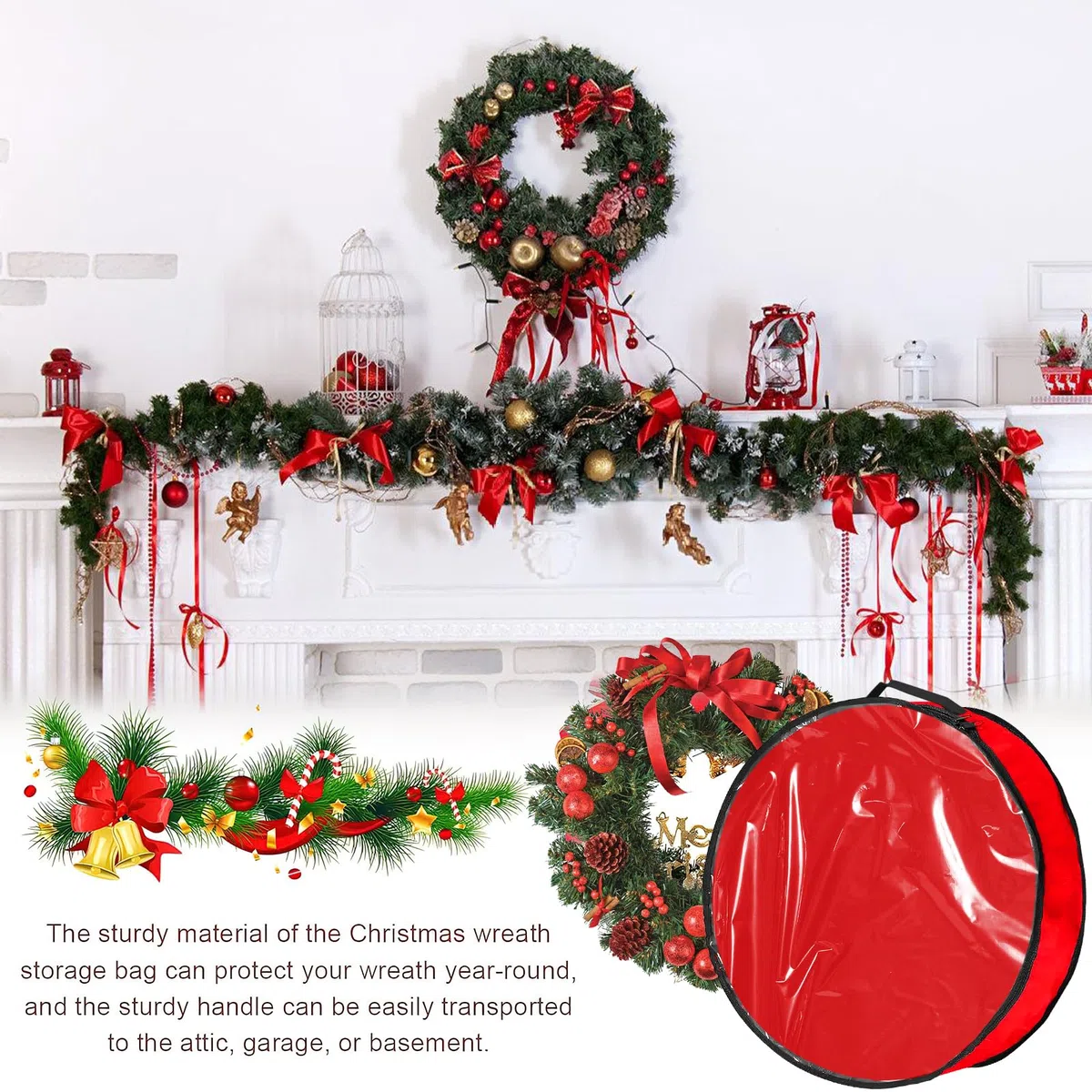 Bolsa Corona Navidad, Bolsa de Almacenamiento de Guirnaldas de Navidad, Estuches de Guirnaldas de Navidad para Corona de Adviento, Adornos Navideños, Bolas Navideñas 24 pulgadas