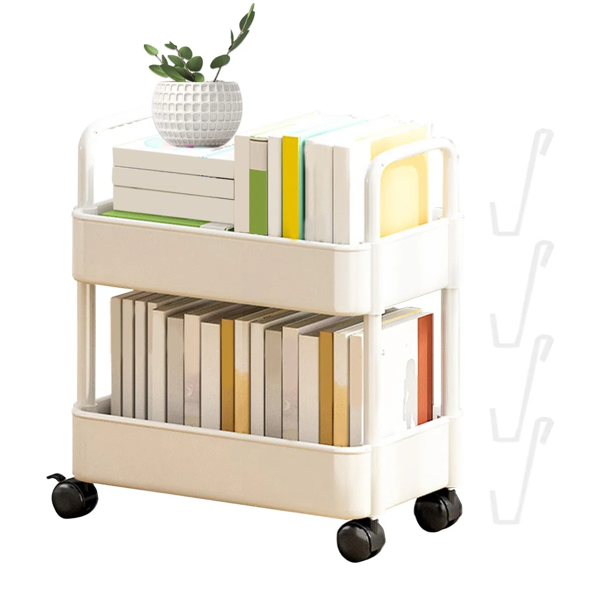 37x25x43,5cm Carro De Estantería Móvil Con 4 Ganchos - Carrito Libros Móvil, Estantería Organizadora Móvil Para Niños, Estantería Móvil Para Libros Con Ruedas, 2 Niveles Estante Almacenamiento Móvil