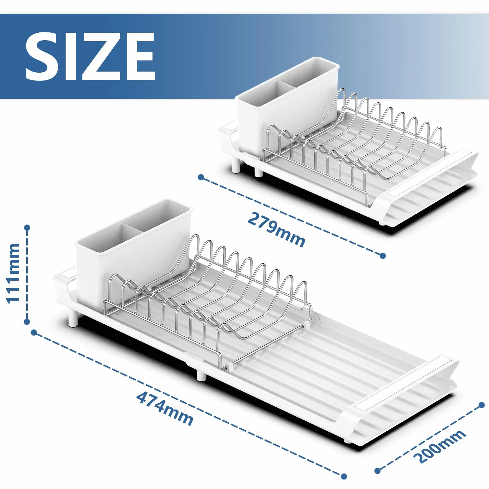 Escurridor de Platos, Escurreplatos Blanco de Acero Inoxidable para Fregadero con Soporte para Cubiertos Extraible, Escurreplatos Plegable Extensible y Compacto - Blanco
