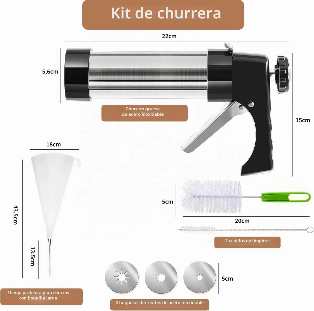 Churrera con 3 boquillas de diferentes formas, churrera para churros, bolsa de glaseado con boquillas para varias decoraciones, máquina de churros diámetro 5,6 x 21 cm