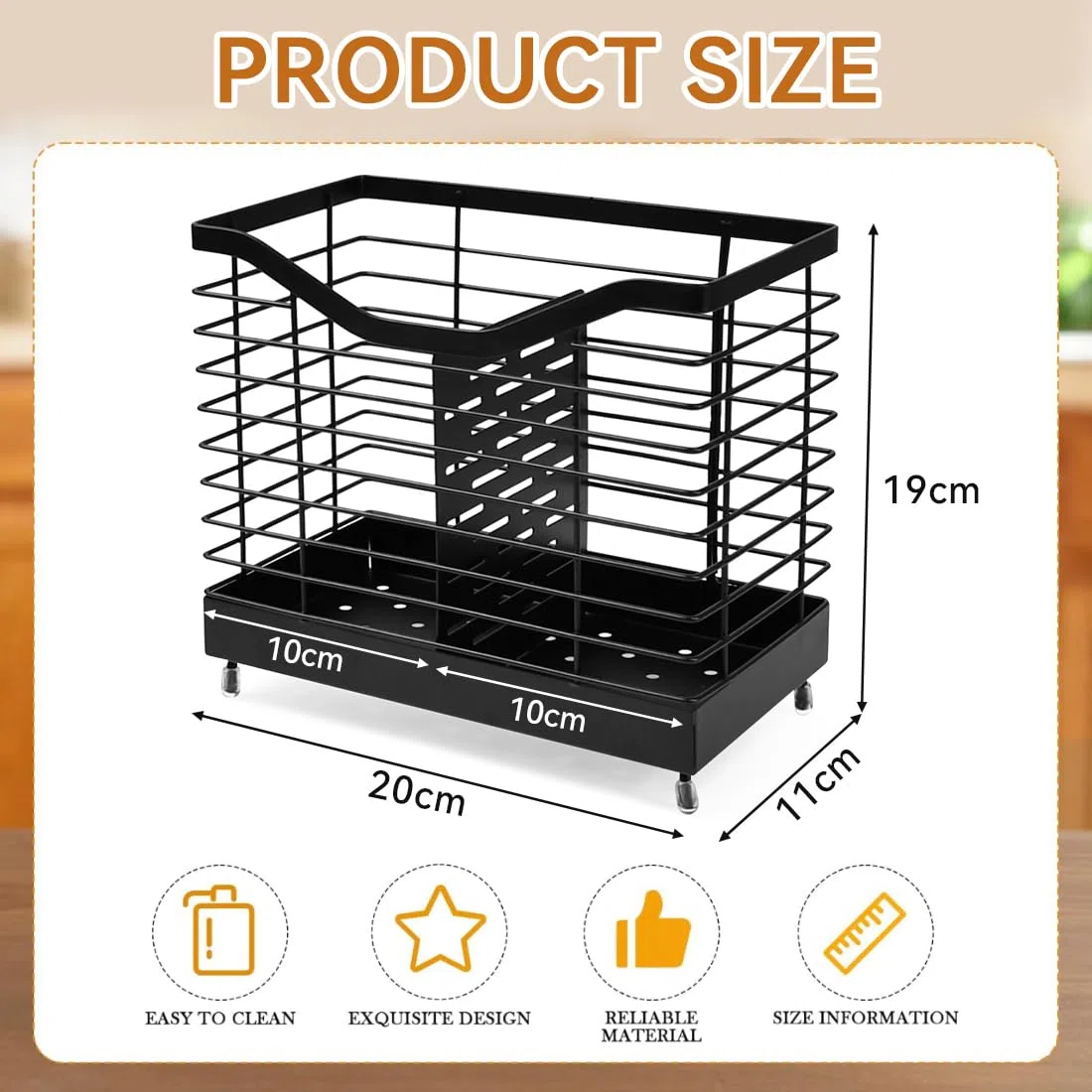 Porta Utensilios de Cocina con Escurridor de 2 Compartimentos, Cesta para Cubiertos de Metal con Drenaje, Soporte Utensilios Cocina Negro para Encimera de Cocina y Uso Diario - 20x19x11cm