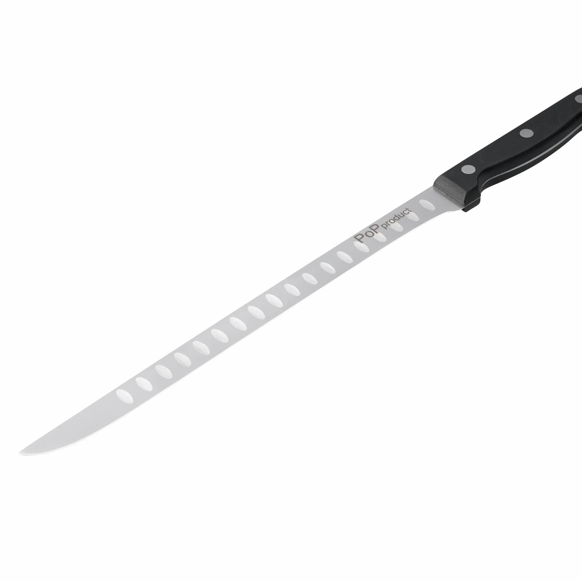Cuchillo Jamonero Forja de Acero Alemán, alveolado en las dos caras. Hoja de 255 mm de acero inoxidable. Mango ergonómico de Polioximetileno-POM de 120 mm.