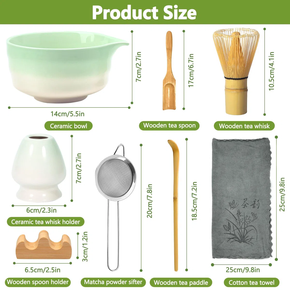 Kit Matcha 8 Piezas | Bol Cerámica Degradado con Pico Vertedor Lavable en Lavavajillas | Chasen 100 Cerdas Bambú | Ceremonia Té Japonés Matcha Latte | Regalo Principiante Verde