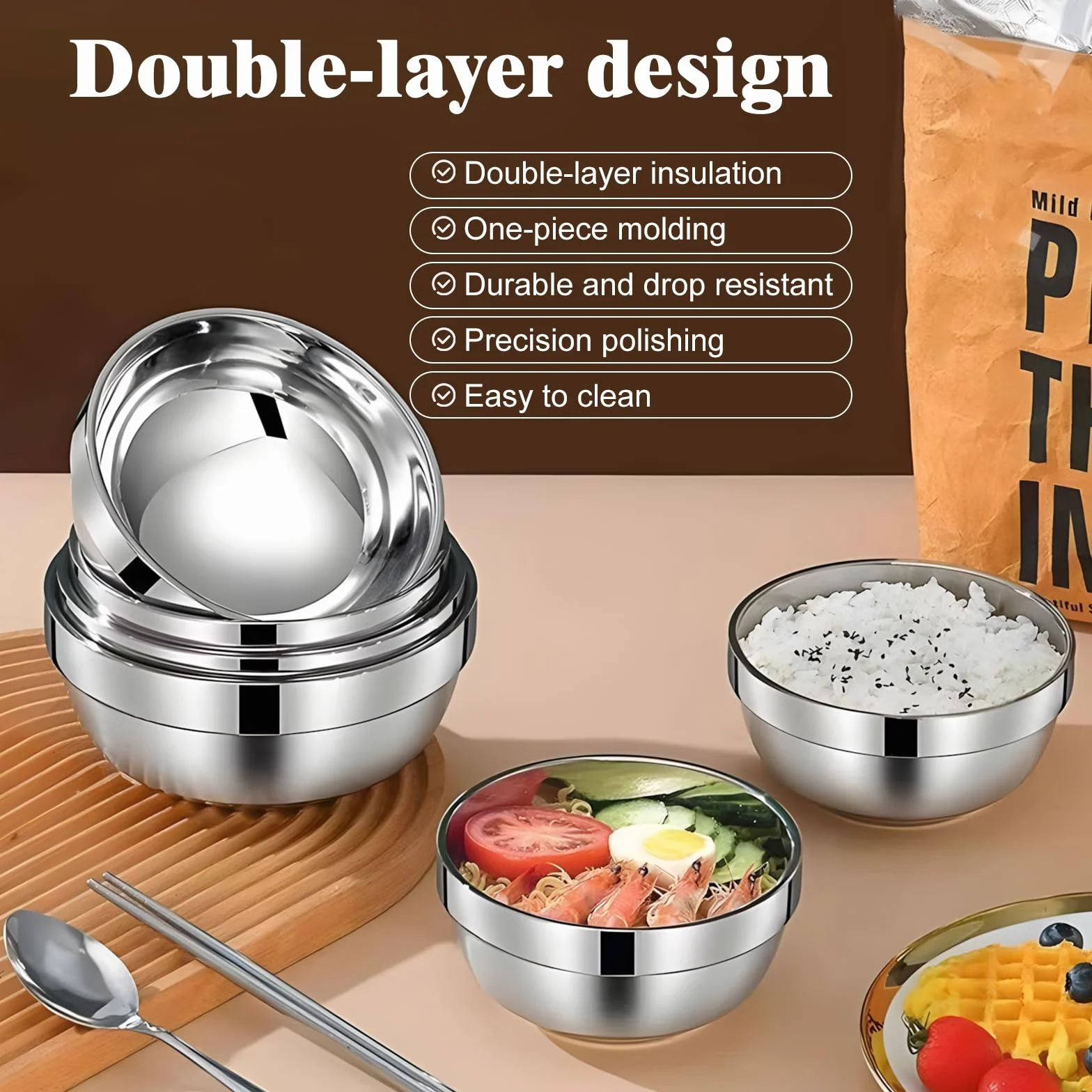 GOMETY Juego De 6 Cuencos De Acero Inoxidable De 13 Cm, Cuencos De Acero Inoxidable De Doble Pared, Ligeramente Irrompibles, Para Sopa, Arroz, Pasta, Ramen