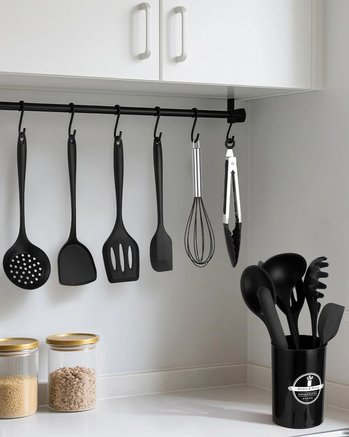 15 Piezas Utensilios de Cocina de Silicona,Negro Juego de Utensilios de Cocina de Silicona,Sin BPA,Juego Utensilios de Cocina Resistencia al Calor y Antiadherente con Cubo