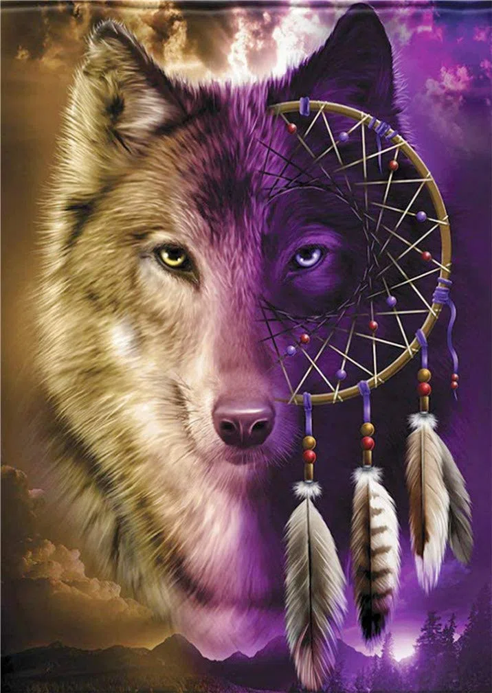 Abillyn - Kit de punto de cruz, diseño de lobo y atrapasueños con estampado de lobo