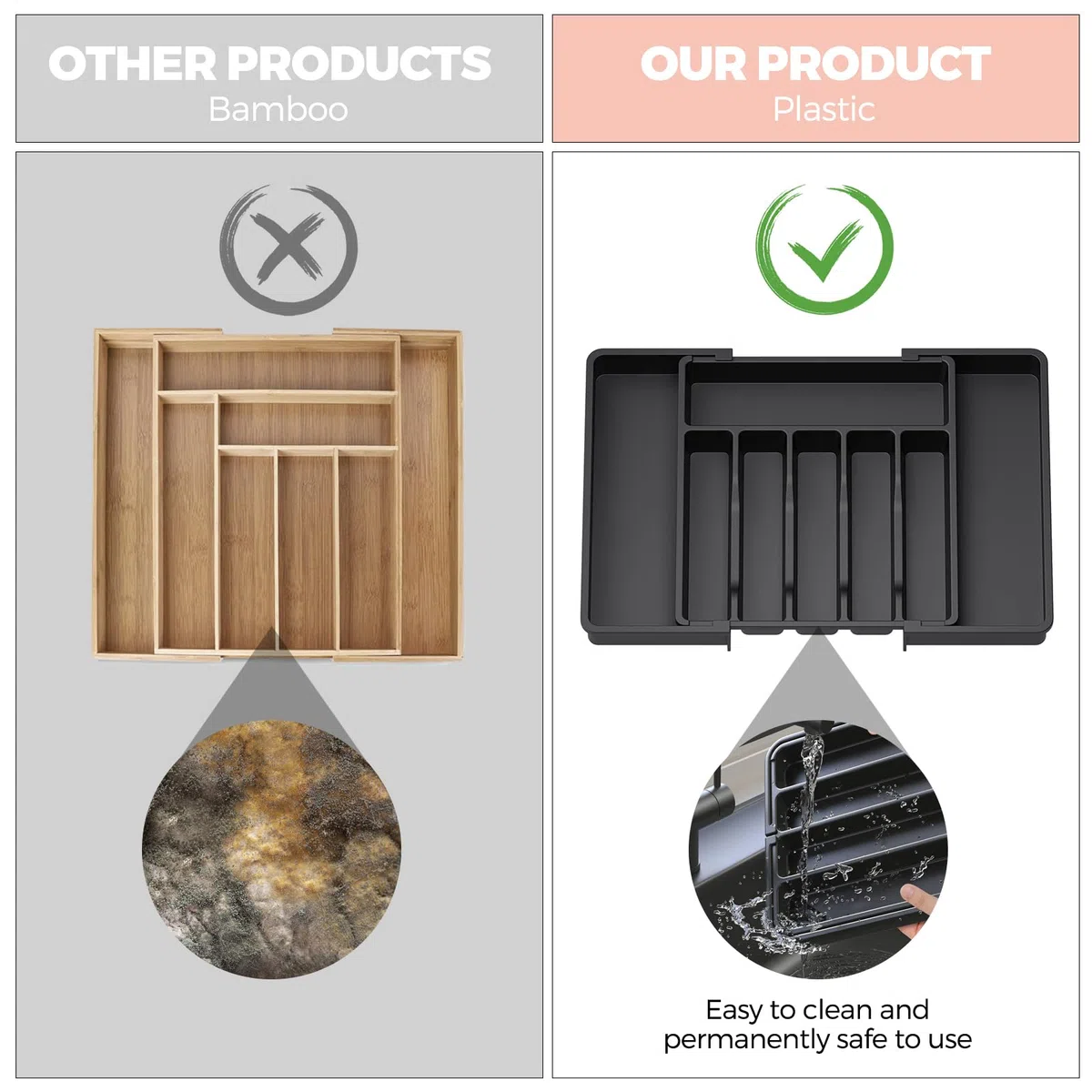HIYAA Bandeja de utensilios extensible para cajón, organizador de cajones para cocina, soporte de almacenamiento de plástico para cubiertos, cucharas, tenedores, etc,negro